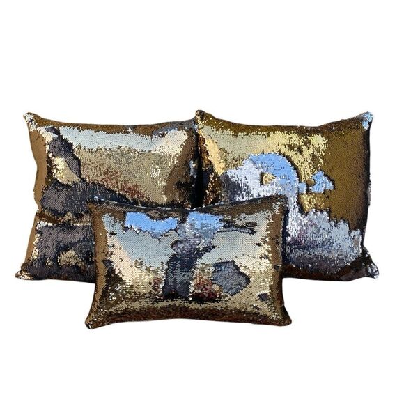 NWOT NEW Three (3) Aviva Stanoff Mermaid Sequin Gold/Silver/Black Luxury Pillows - Picture 2 of 13